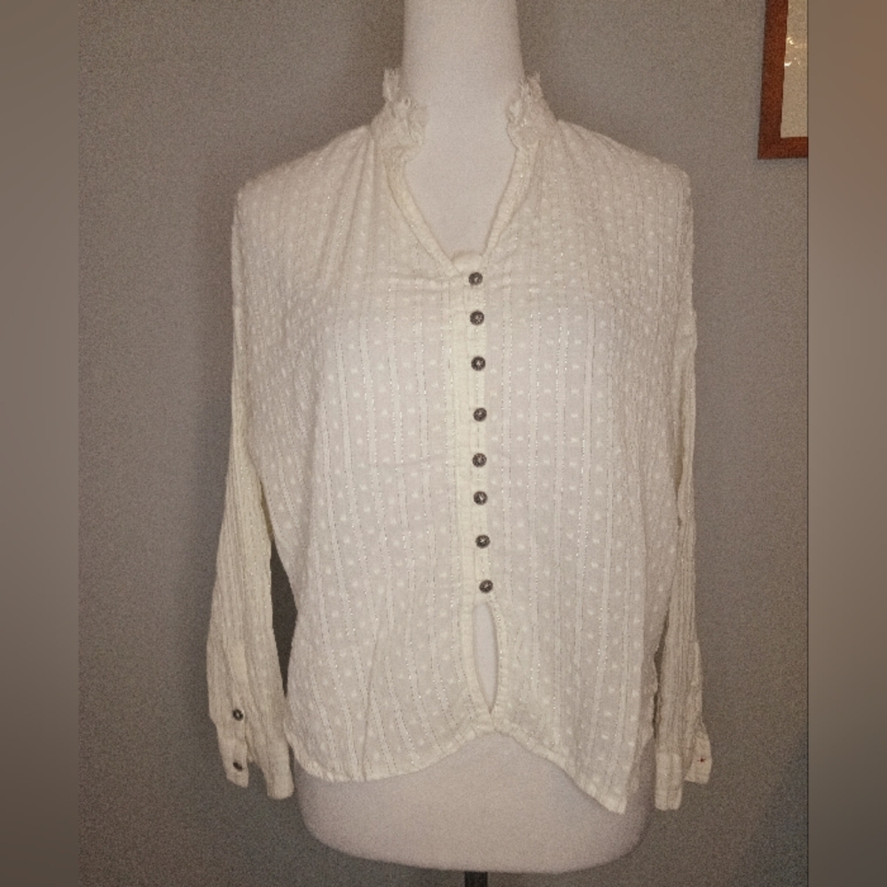 PILCRO Button Front Peasant Blouse with Metallic Thread Detail